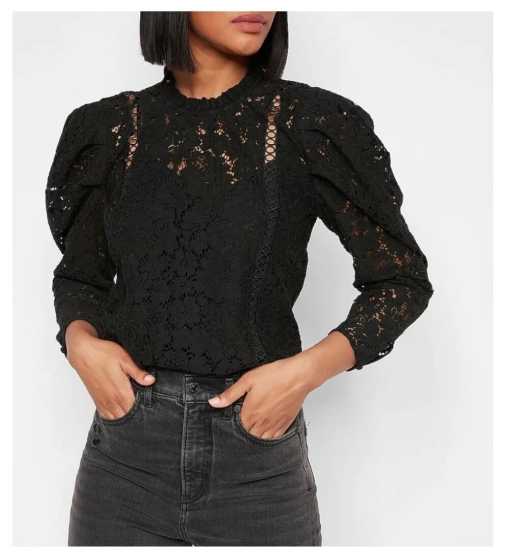 Express Lace Puff Sleeve Top Black LS Women's S